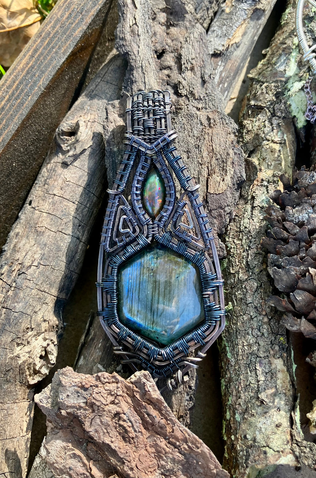 Labradorite Hexagon and Black Opal Wire Wrapped Amulet Statement Pendant in Tarnished Sterling Silver and Copper