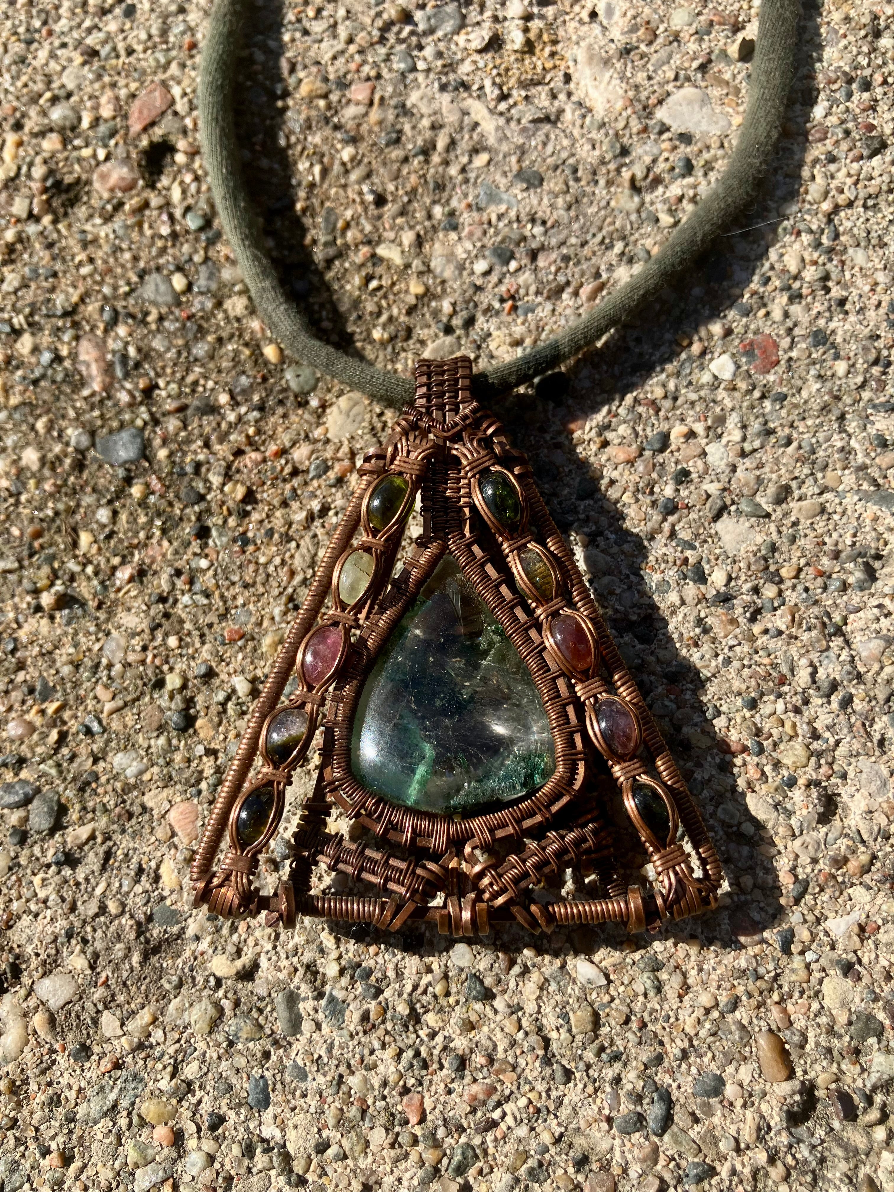 Ghost Phantom and Multi-Colored Tourmaline Wire Wrapped Amulet in Tarnished Copper