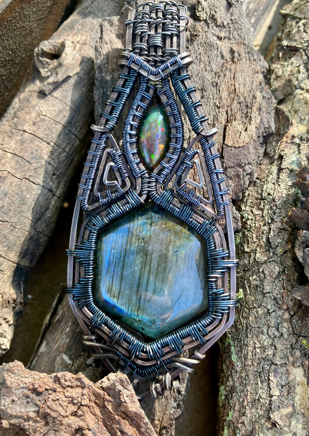 Labradorite Hexagon and Black Opal Wire Wrapped Amulet Statement Pendant in Tarnished Sterling Silver and Copper