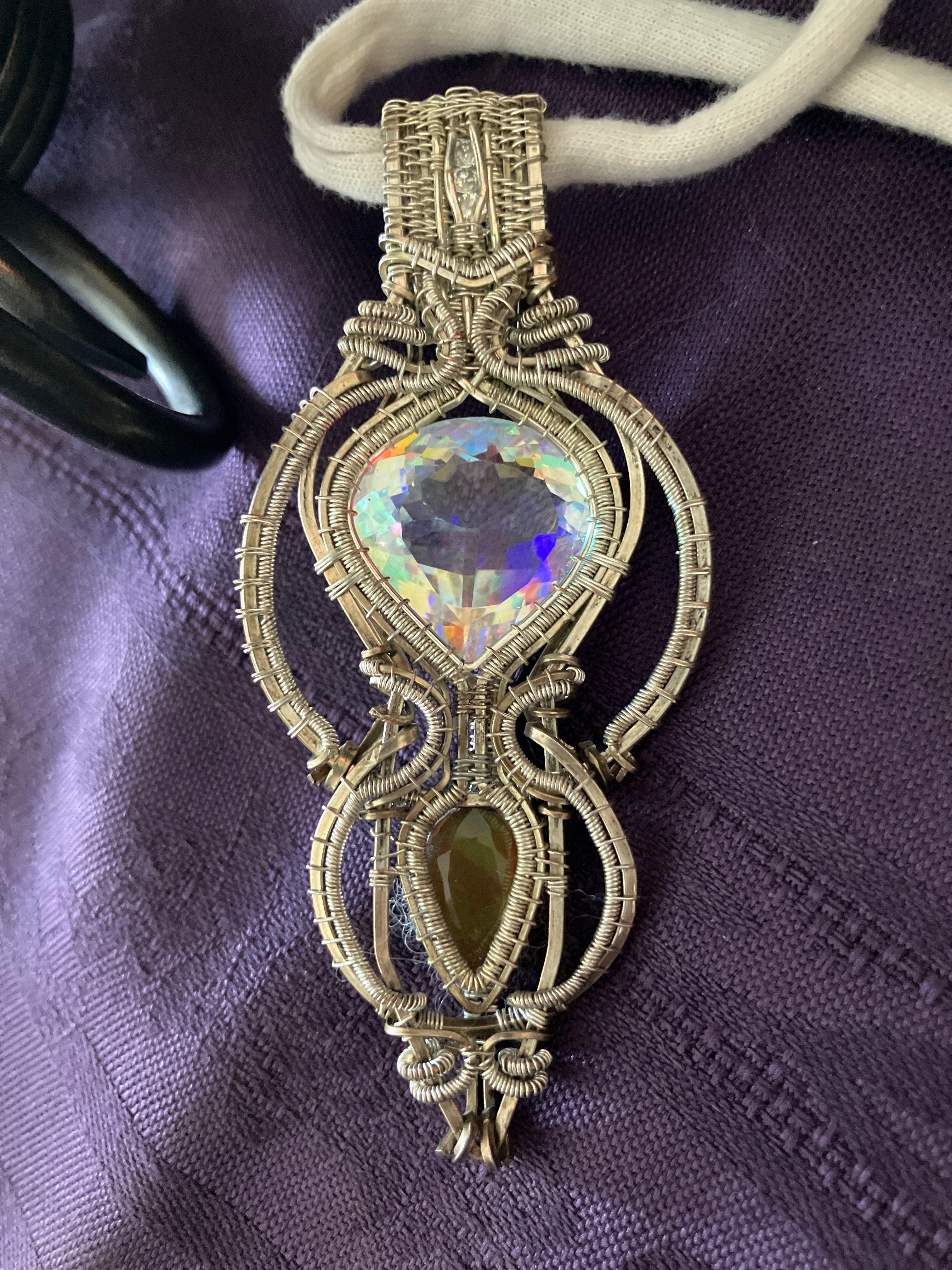 Mystic Quartz, Opal & Moissanite Wire Wrapped Amulet in 925 Sterling Silver