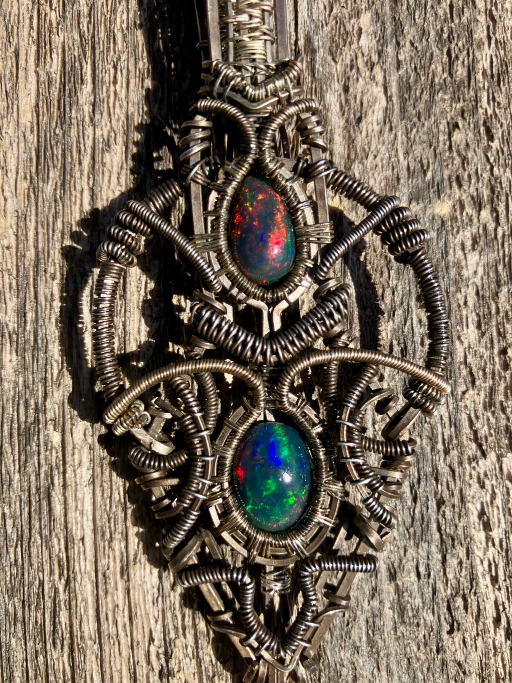 Double Australian Black Opal Wire Wrapped Amulet in Tarnished 925 Sterling Silver