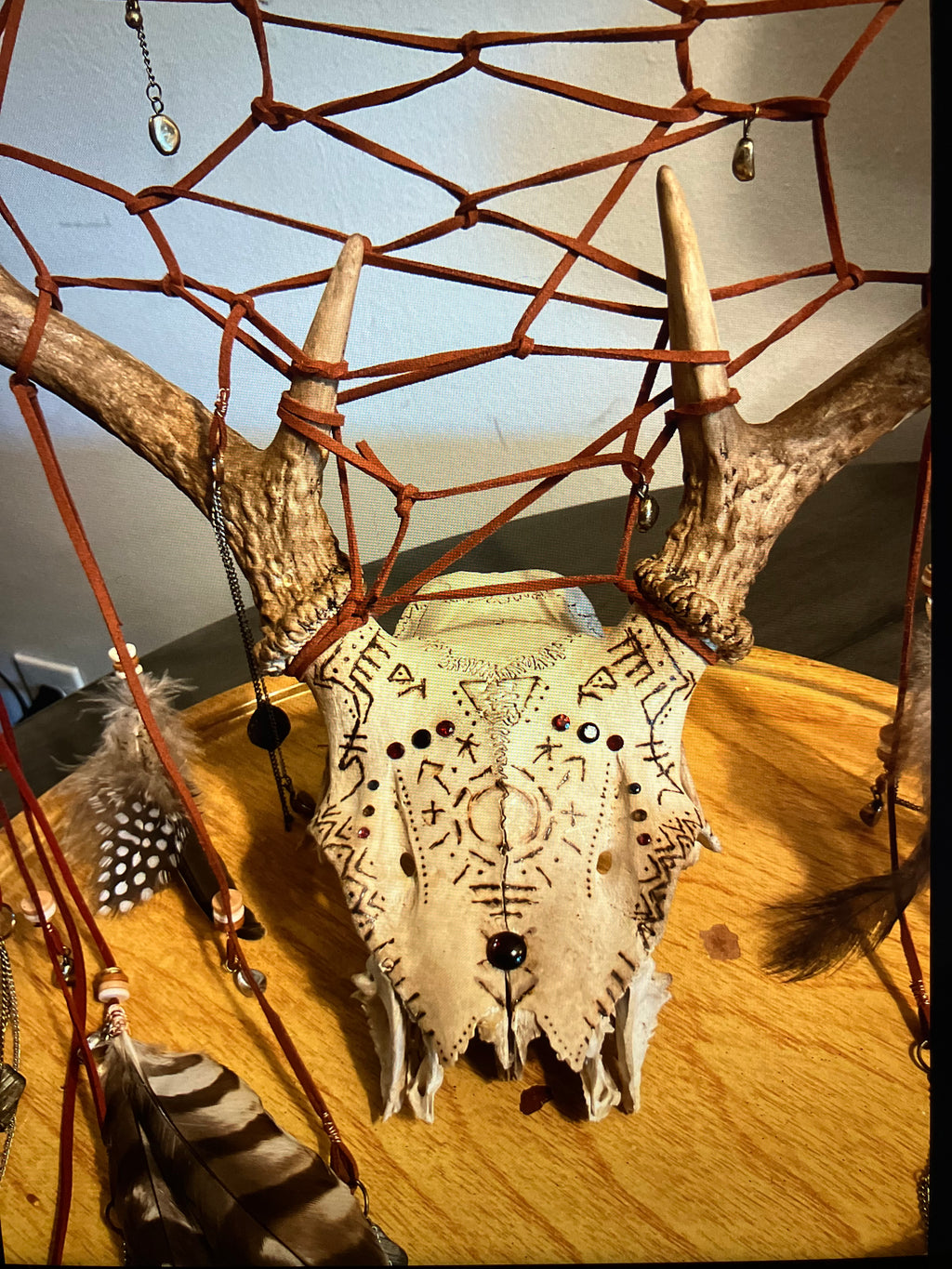 Wood-burned Crystal Inlay Deer Skull Dreamcatcher- Sigils for Protection- Spirit of the Hawk- Witchy Decor