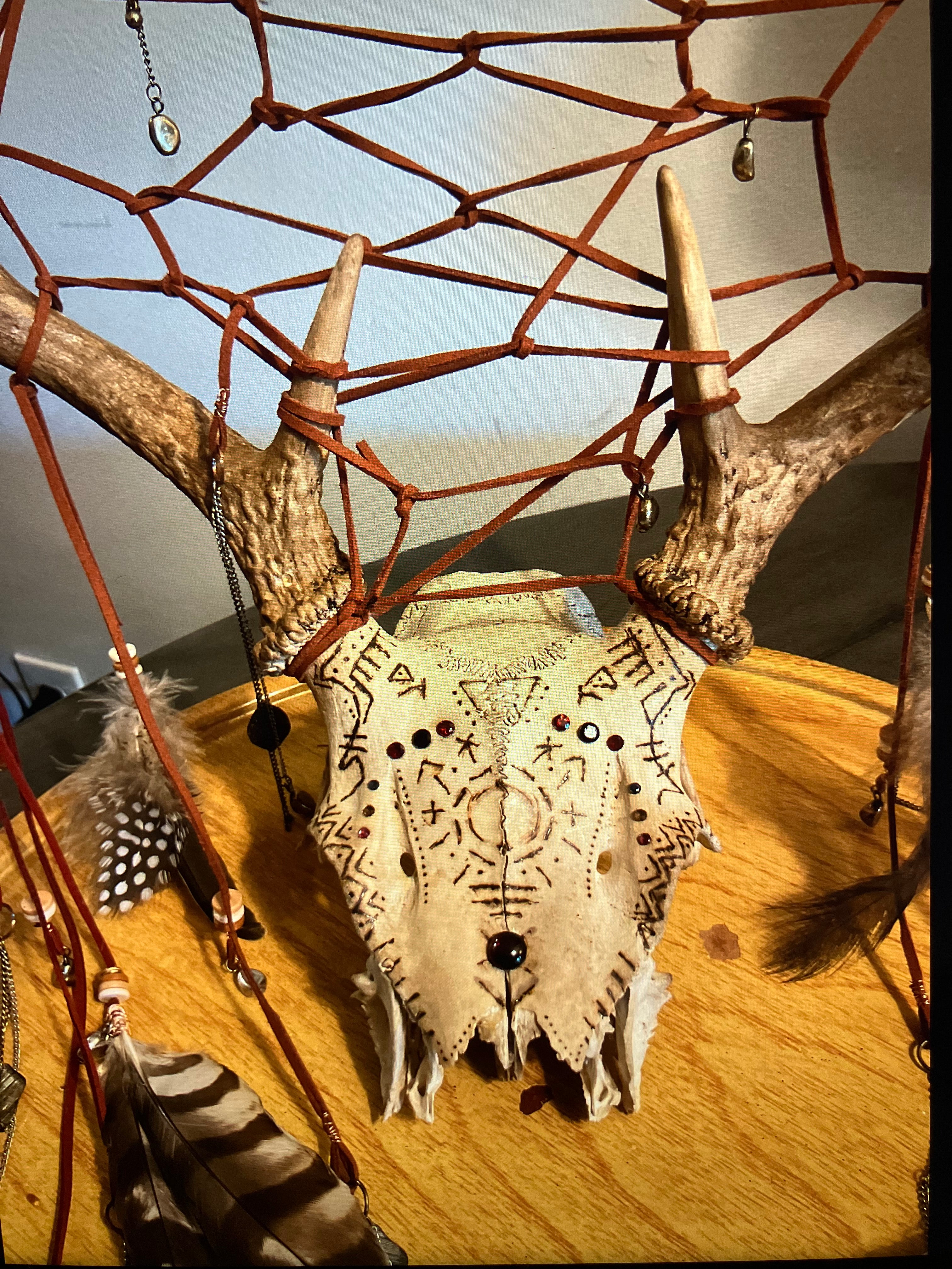 Wood-burned Crystal Inlay Deer Skull Dreamcatcher- Sigils for Protection- Spirit of the Hawk- Witchy Decor