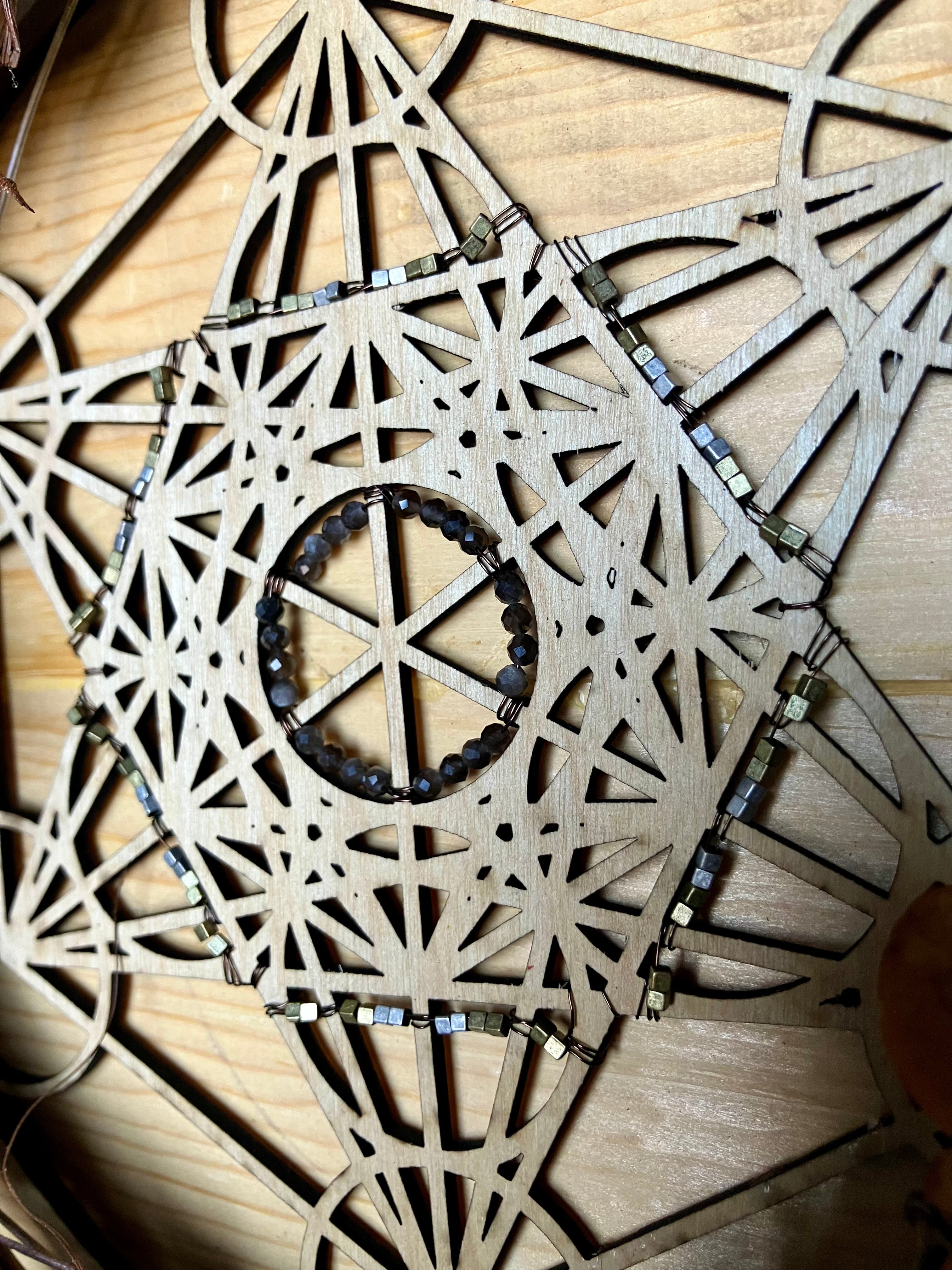 Archangel Metatron Sacred Geometry 10” Protection & Power Wreath- Silver Sheen Obsidian- Hawk