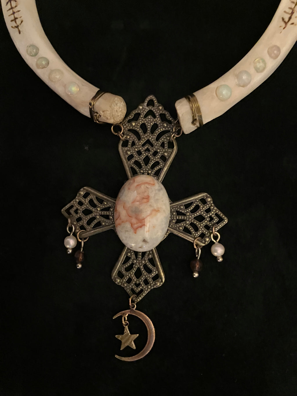 Javelina Rib Bone Crystal Ceremonial Amulet with Sigils for Inner Peace- Crazy Lace Agate- Opal- Garnet