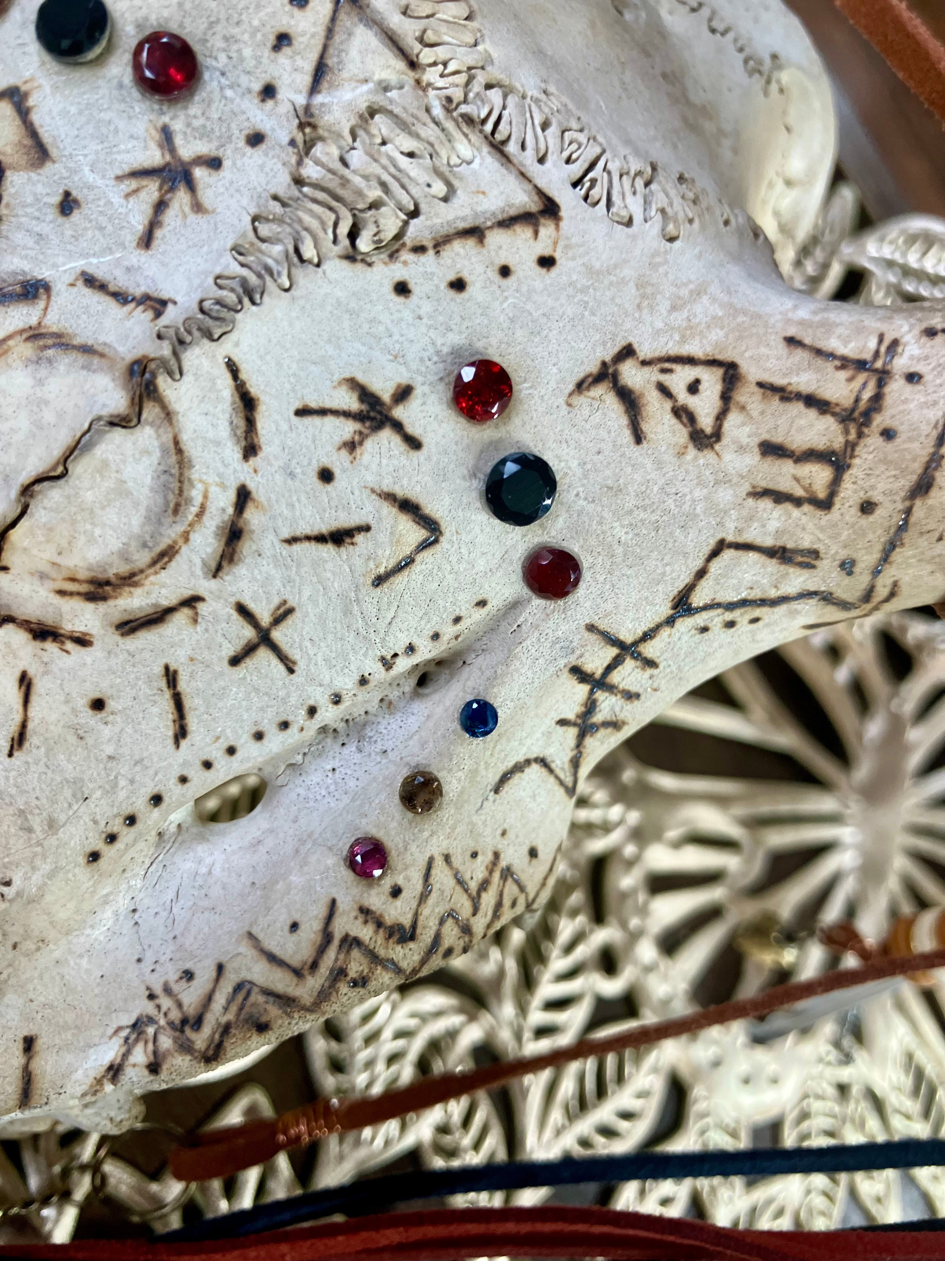 Wood-burned Crystal Inlay Deer Skull Dreamcatcher- Sigils for Protection- Spirit of the Hawk- Witchy Decor