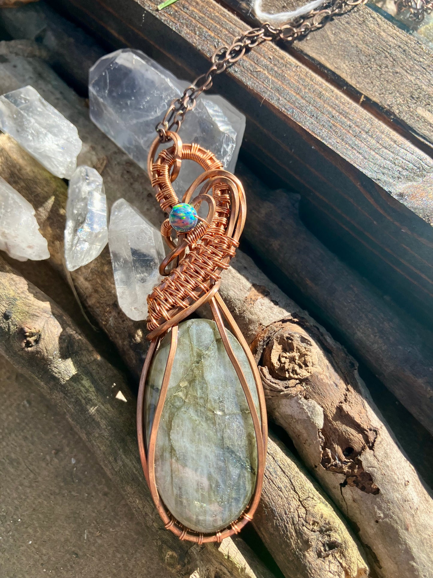Labradorite and Opal Wire Wrapped Pendant in Copper