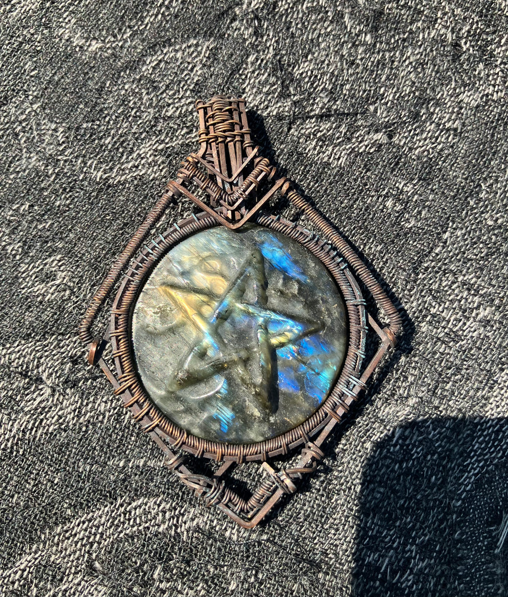 Carved Labradorite Star/Pentagram Wire Wrapped Amulet in Tarnished Copper- Psychic Abilities- Enhance Intuition