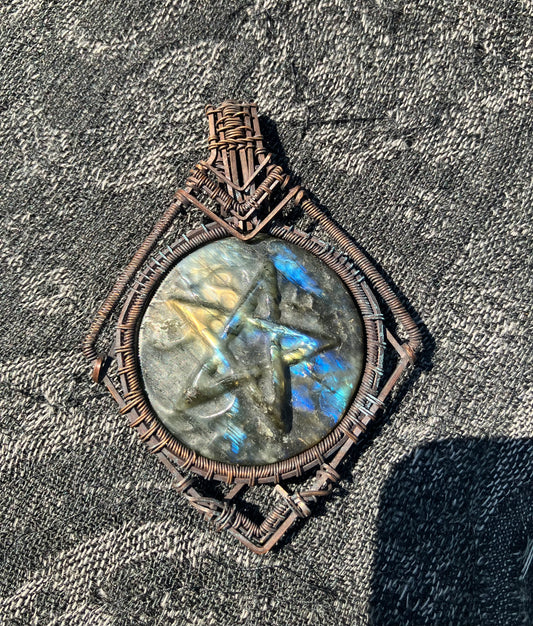 Carved Labradorite Star/Pentagram Wire Wrapped Amulet in Tarnished Copper- Psychic Abilities- Enhance Intuition
