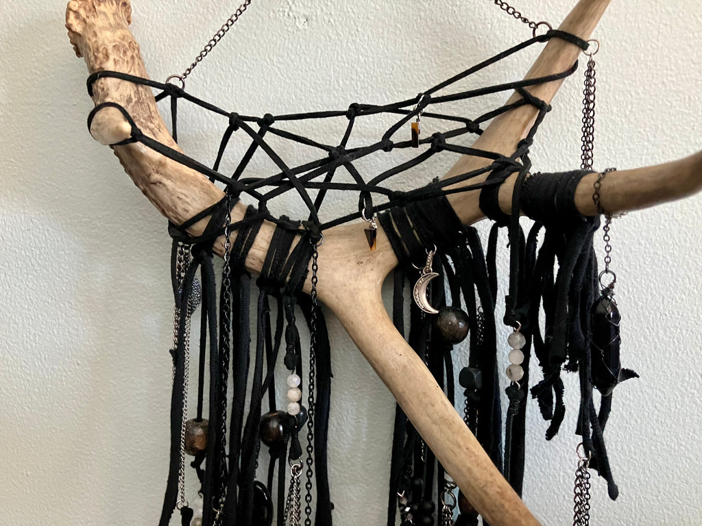 Crystal Beaded Fringe Charm Deer Antler Dreamcatcher Wall Hanging- Protection, Root/Crown Chakra- Amethyst, Onyx