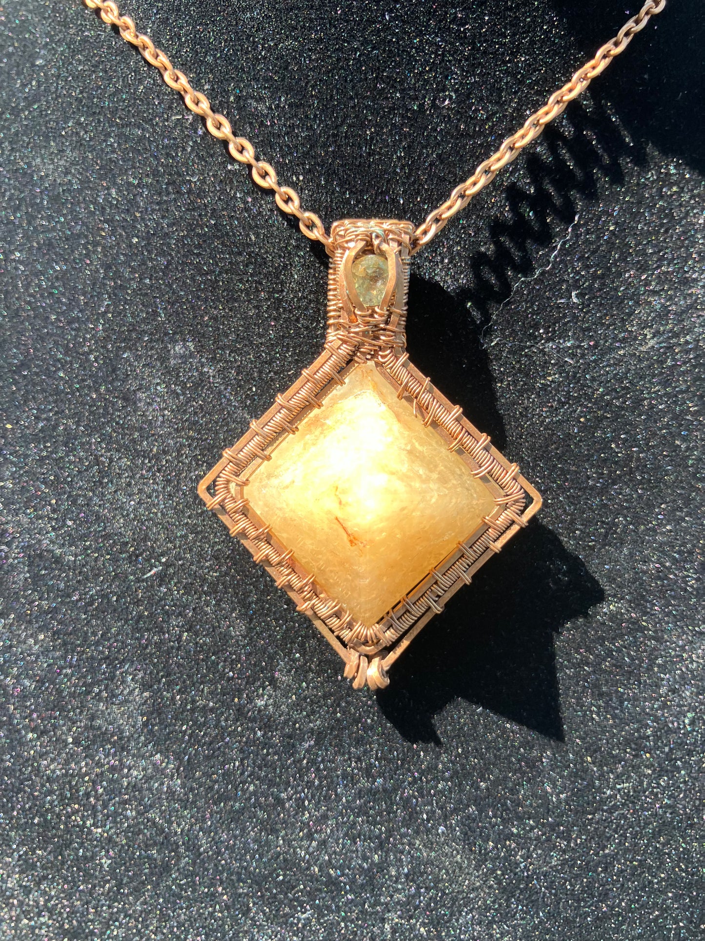 Golden Healer Quartz Prism Pyramid & Faceted Citrine Wire Wrapped Mini Amulet Pendant in Tarnished Copper