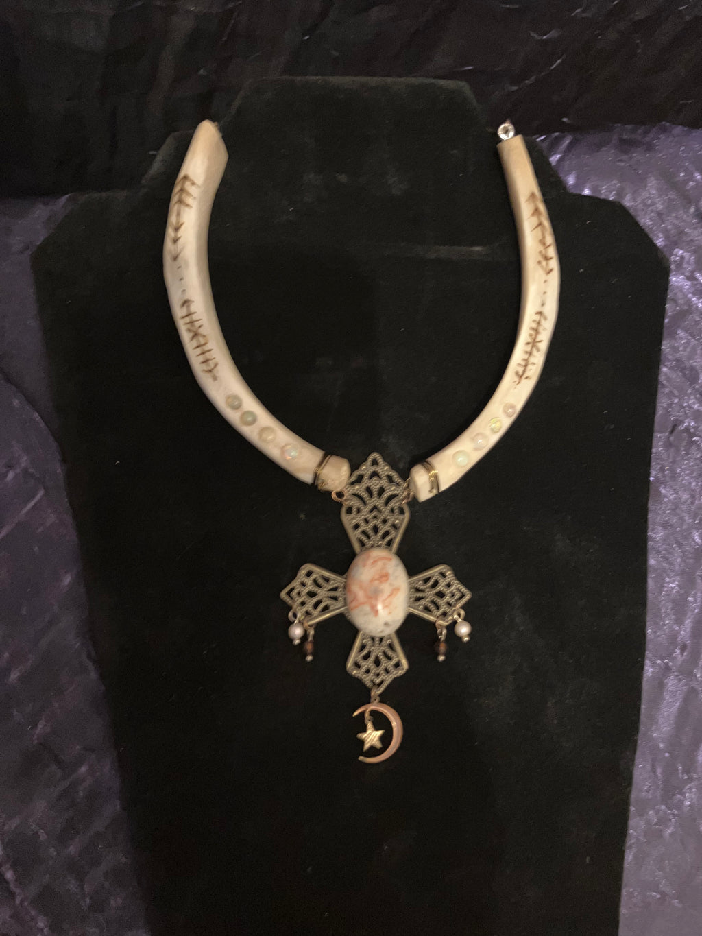 Javelina Rib Bone Crystal Ceremonial Amulet with Sigils for Inner Peace- Crazy Lace Agate- Opal- Garnet