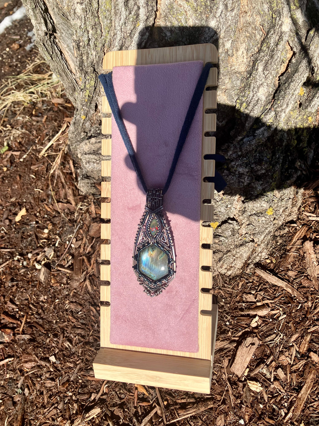 Labradorite Hexagon and Black Opal Wire Wrapped Amulet Statement Pendant in Tarnished Sterling Silver and Copper