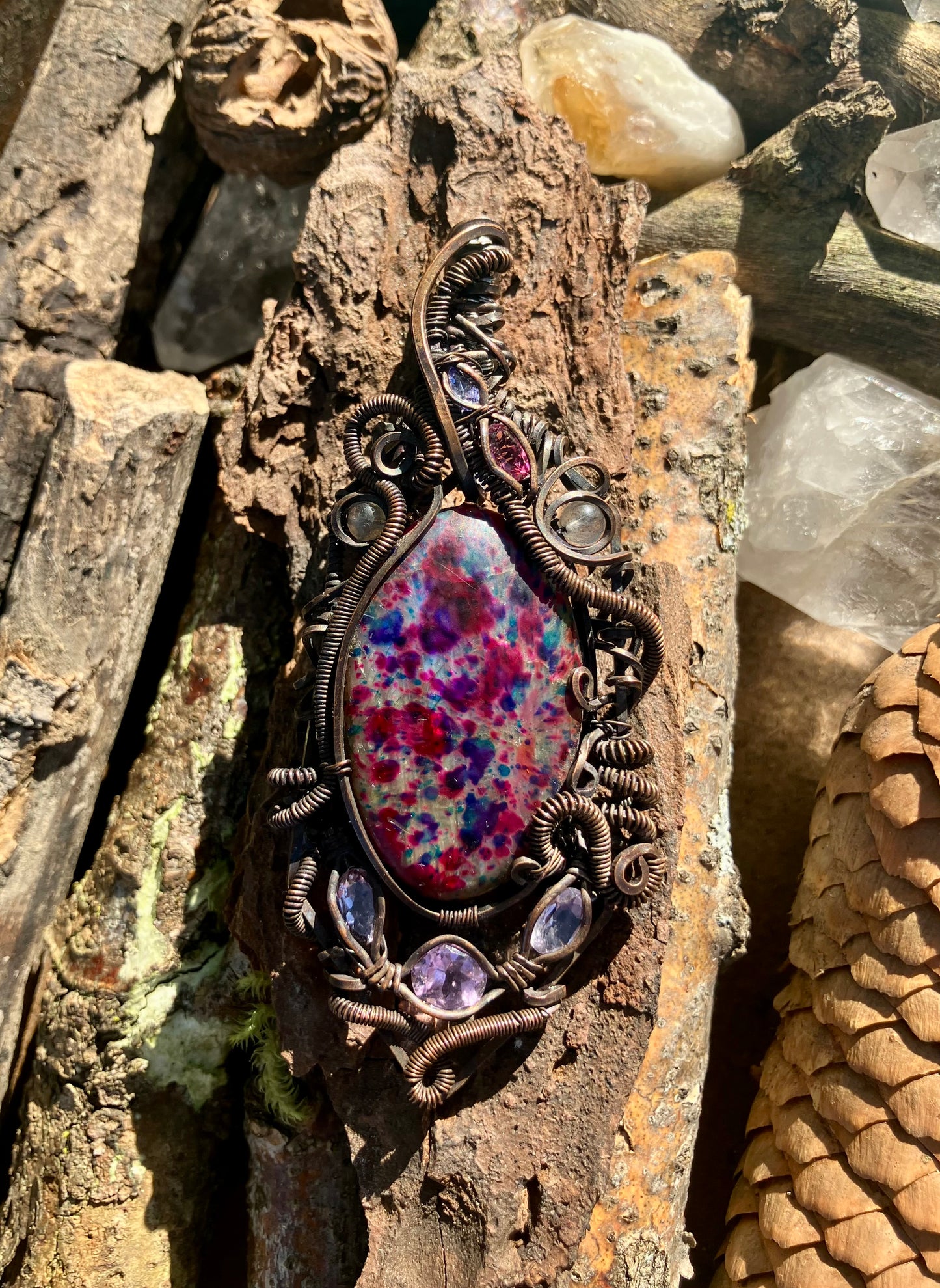 Harlequin Labradorite with Faceted Amethyst, Tanzanite & Pink Topaz Wire Wrapped Amulet Statement Pendant in Tarnished Copper