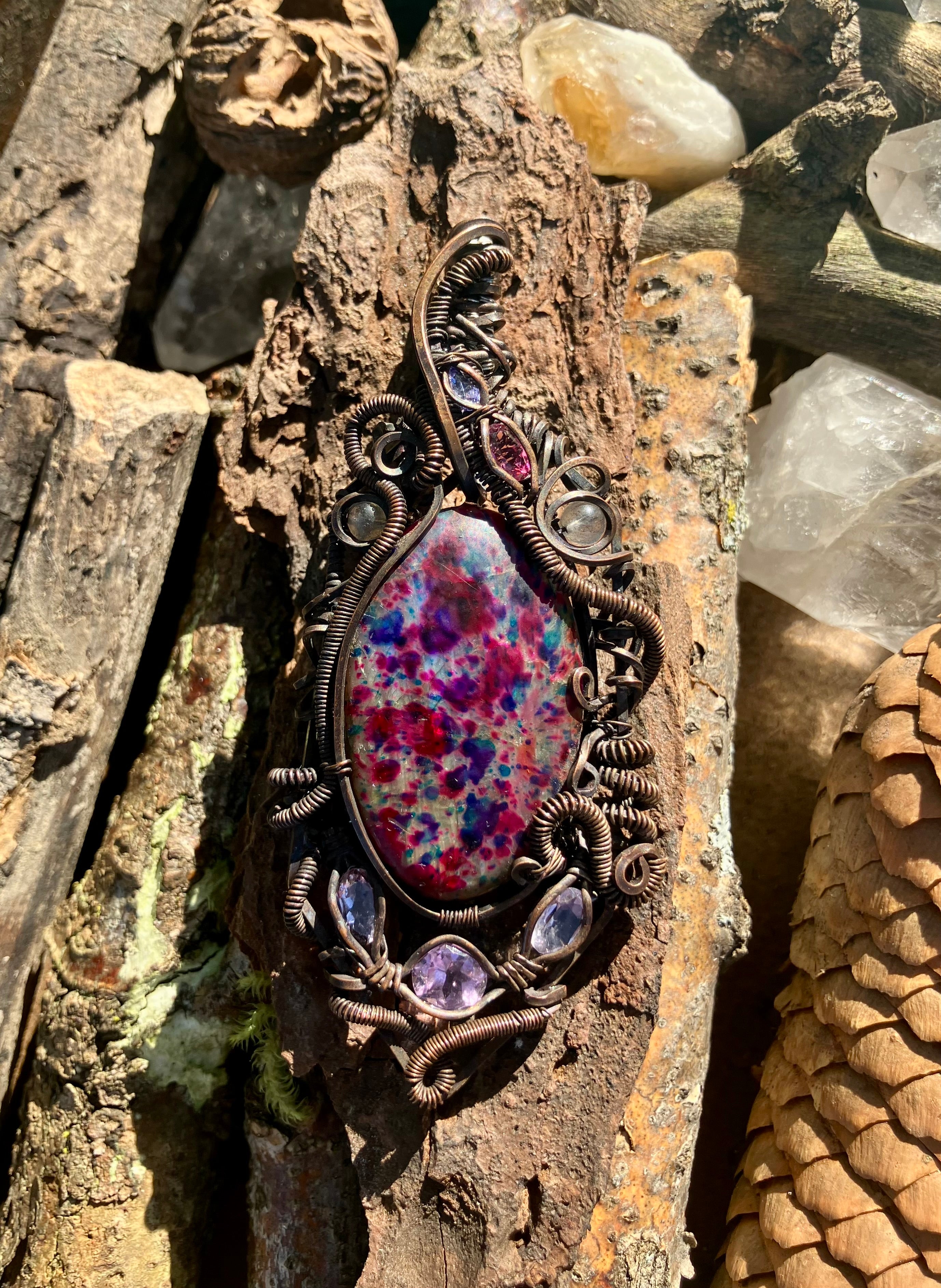 Harlequin Labradorite with Faceted Amethyst, Tanzanite & Pink Topaz Wire Wrapped Amulet Statement Pendant in Tarnished Copper