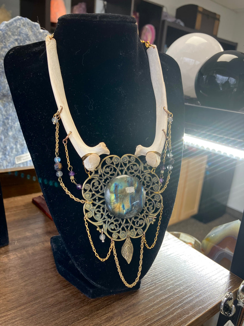 Ceremonial Deer Bone Amulet w/ Labradorite, Amethyst & Pietersite- Increase Abilities- Aura Shielding- Third Eye