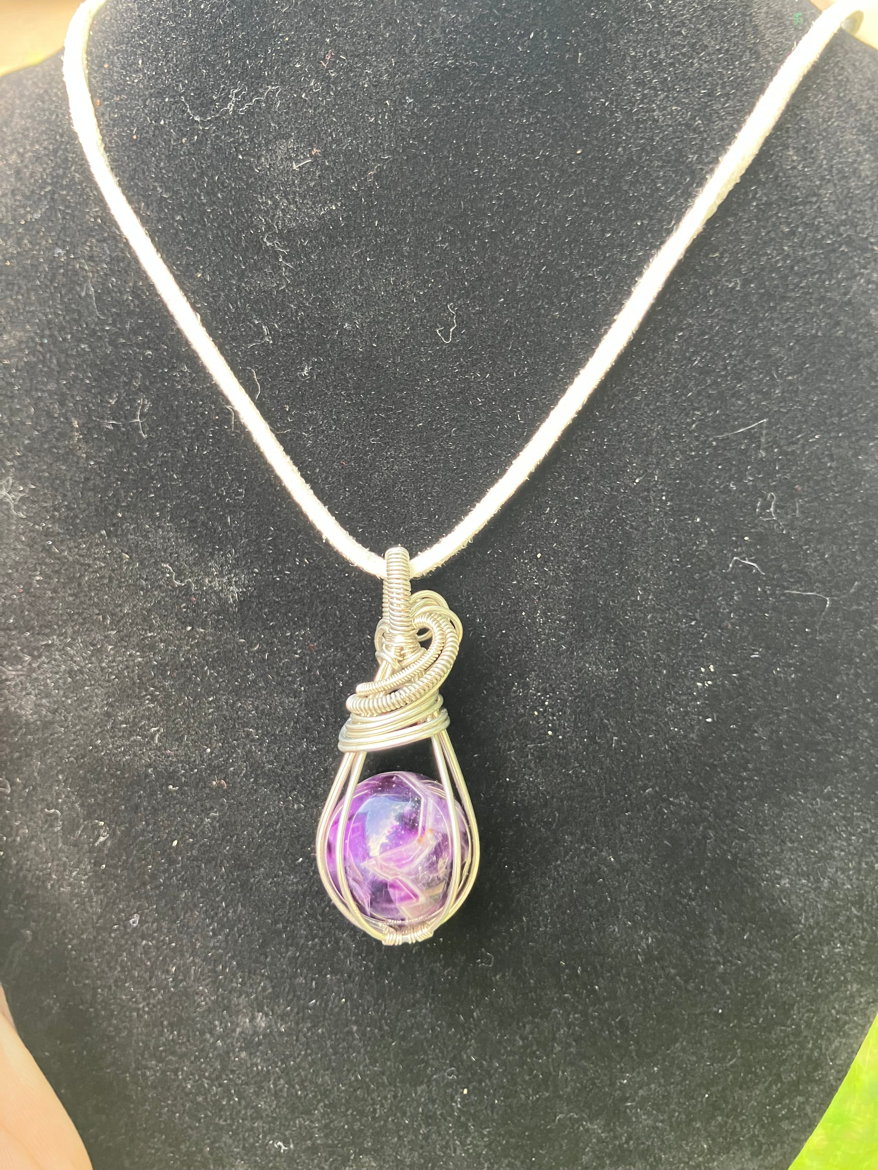 Reversible Chevron Amethyst Sphere Wire Wrapped Pendant in Silver Tone Copper
