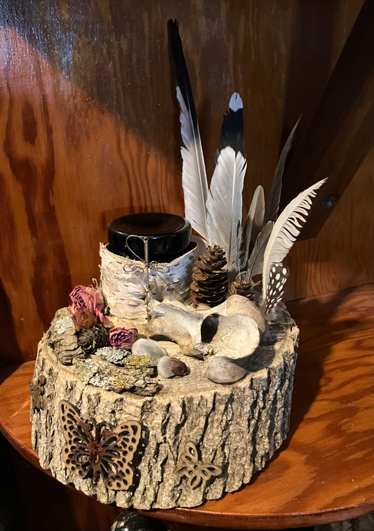 White Oak Butterfly & Sword Offering Altar w/ Deer Vertebrae, Rosebuds, Birch and Obsidian Bowl- Animal Magick- Release Spiritual Blockages-
