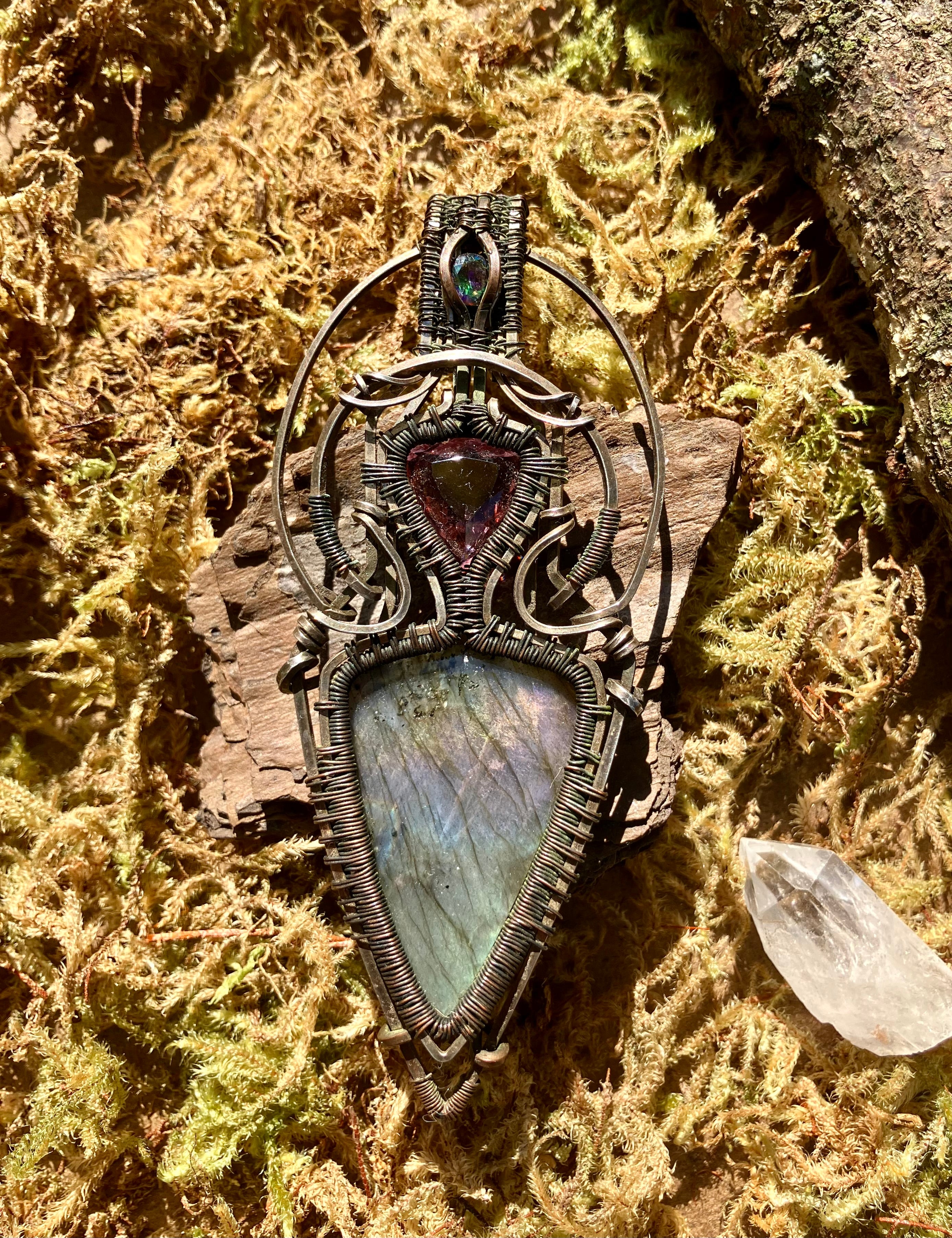 Mystic Topaz, Color-changing Alexandrite & Labradorite Crystal Wire Wrapped Amulet Pendant in 925 Sterling Silver