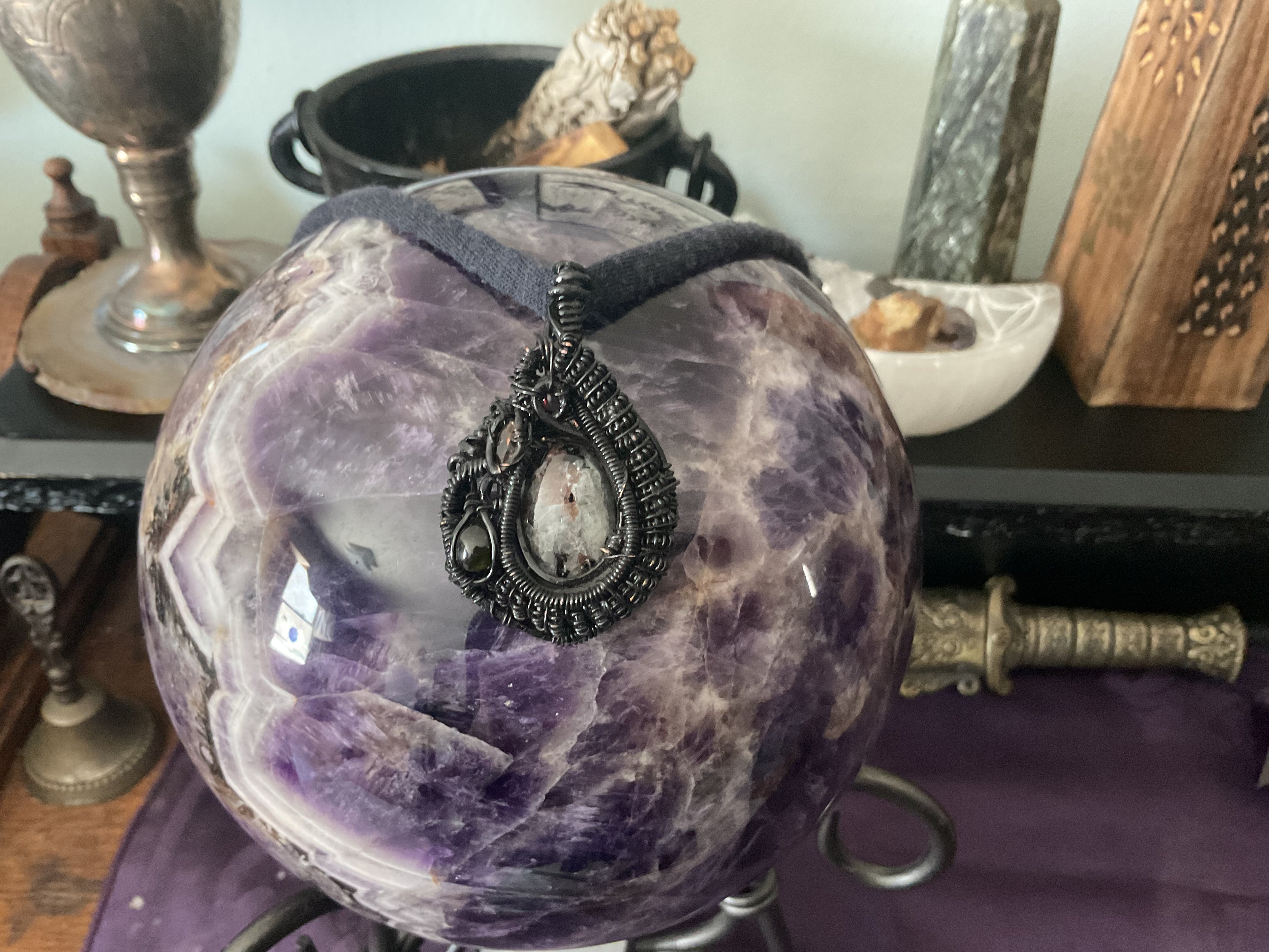 Yooperlite, Smoky Topaz, Green Tourmaline & Black Opal Wire Wrapped Crystal Pendant in Black Copper- UV Reactive