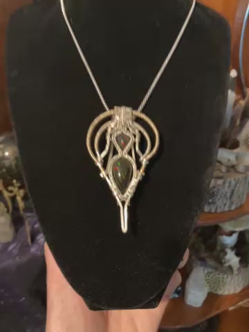 8.4 carat Double Black Opal Crystal Wire Wrapped Amulet Pendant in 925 Sterling Silver & 14k Yellow Gold