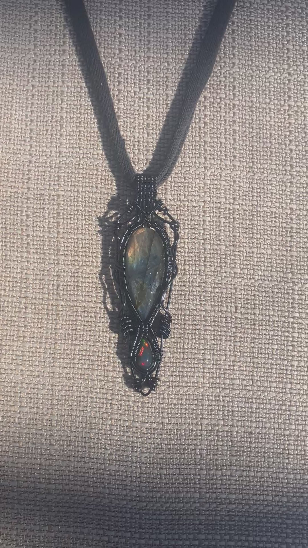 Black Opal & Labradorite Crystal Wire Wrapped Amulet Pendant in Hematite Colored Copper