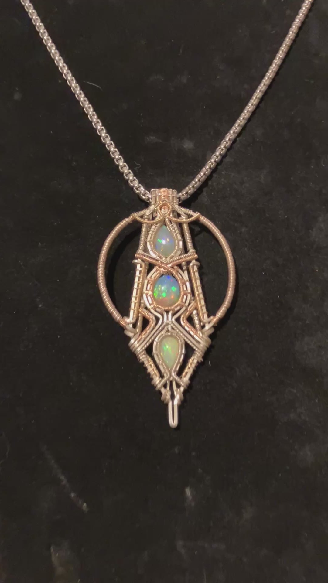 8.4 carat, Triple Australian Opal Wire Wrapped Amulet in Rose Gold, 14k Yellow Gold and 925 Sterling Silver