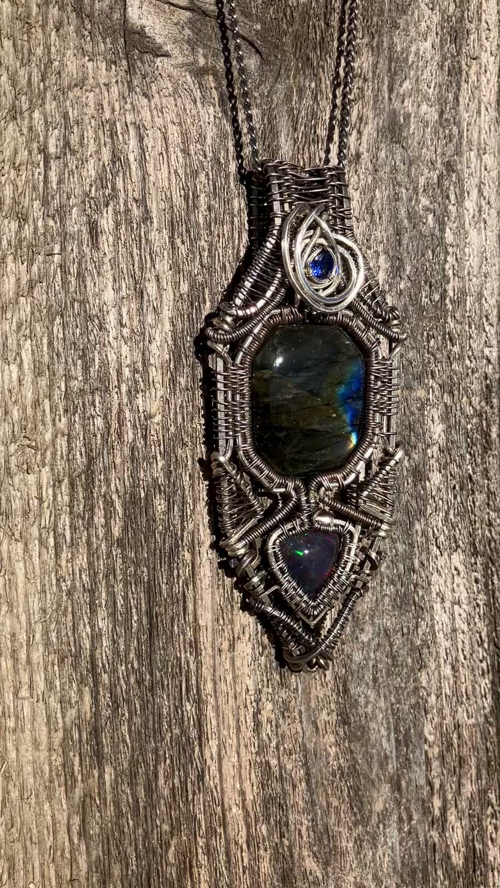 Octagonal Labradorite, Black Opal & Blue Quartz Wire Wrapped Amulet in 925 Sterling Silver- Aligns Chakras- Lucid Dreams- Spiritual Growth