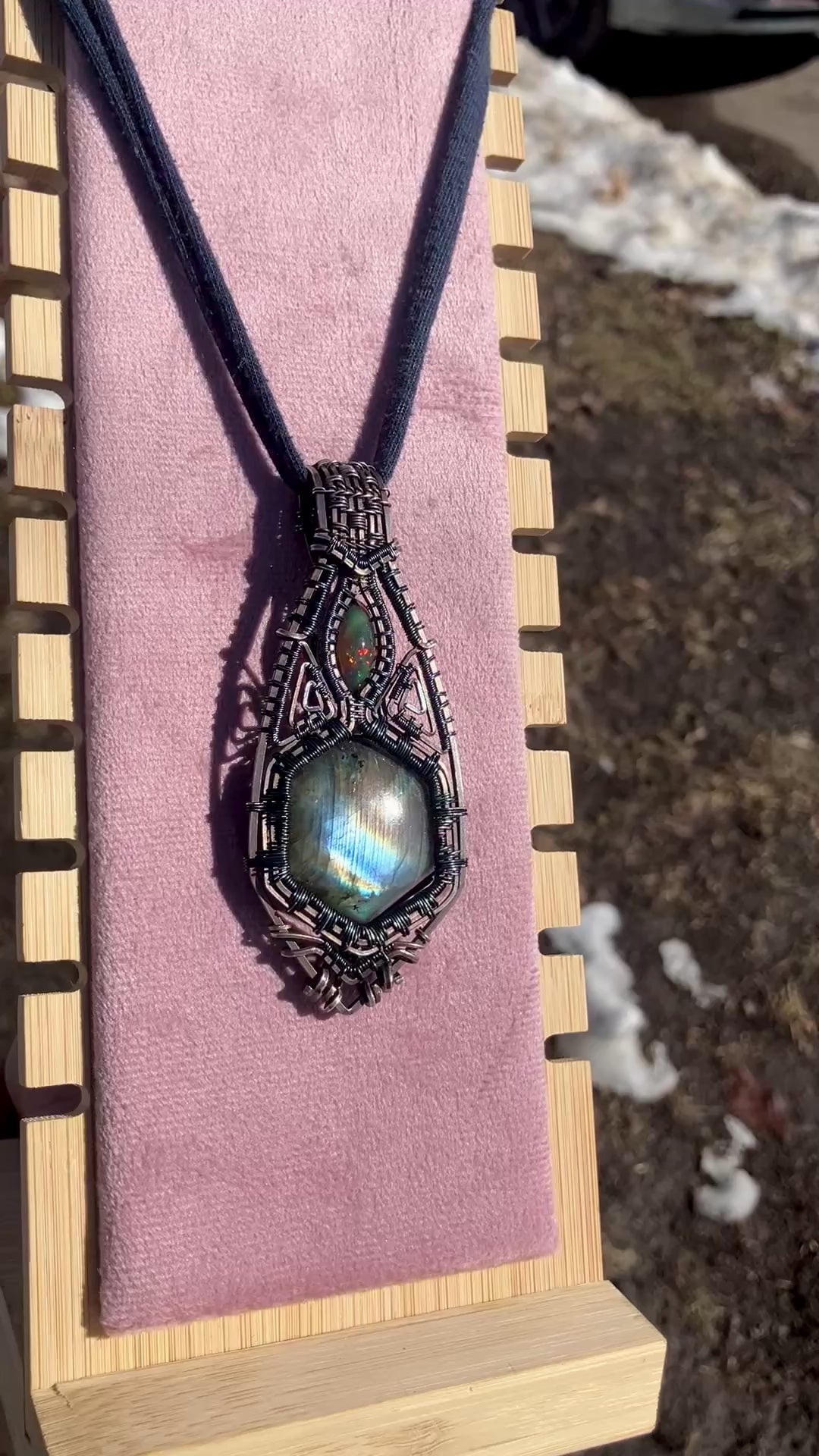 Labradorite Hexagon and Black Opal Wire Wrapped Amulet Statement Pendant in Tarnished Sterling Silver and Copper