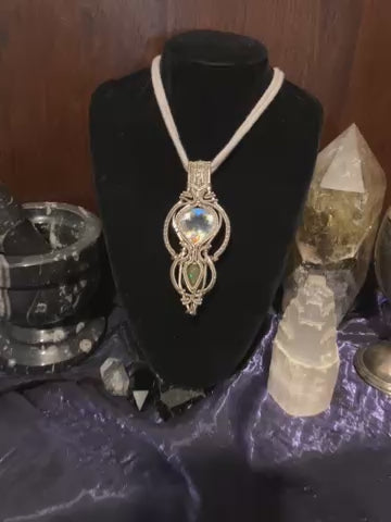 Mystic Quartz, Opal & Moissanite Wire Wrapped Amulet in 925 Sterling Silver