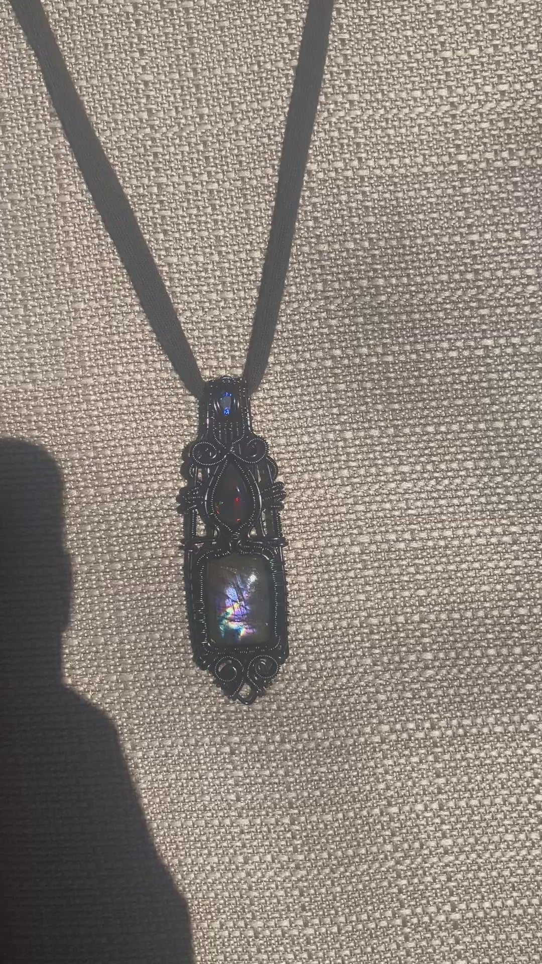 Blue Quartz, Black Opal & Spectrolite Crystal Wire Wrapped Amulet Pendant in Hematite Colored Copper