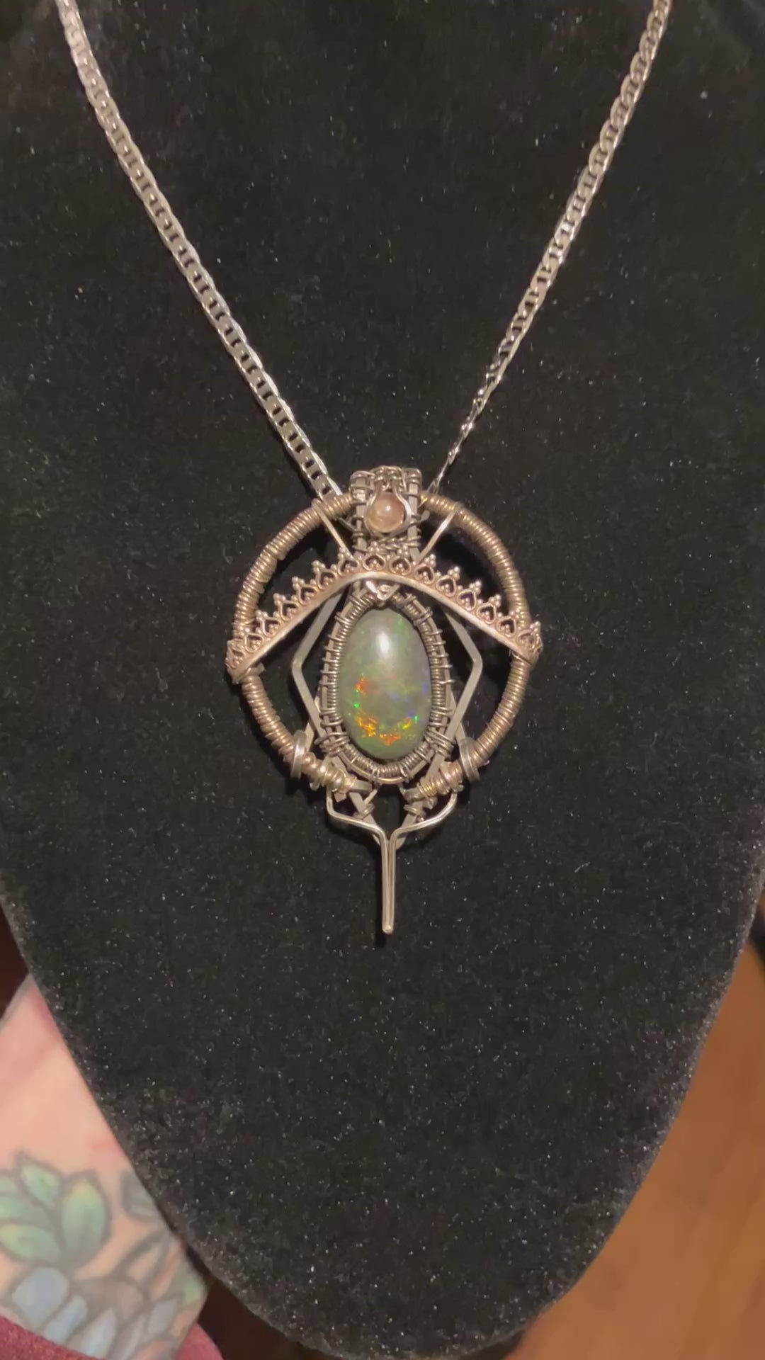 10 carat Black Opal & Pink Tourmaline Wire Wrapped Amulet in 925 Sterling Silver