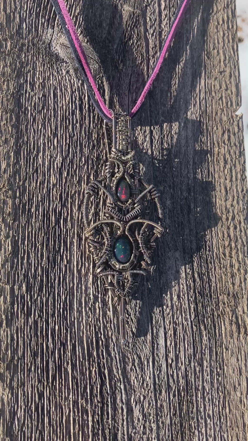 Double Australian Black Opal Wire Wrapped Amulet in Tarnished 925 Sterling Silver